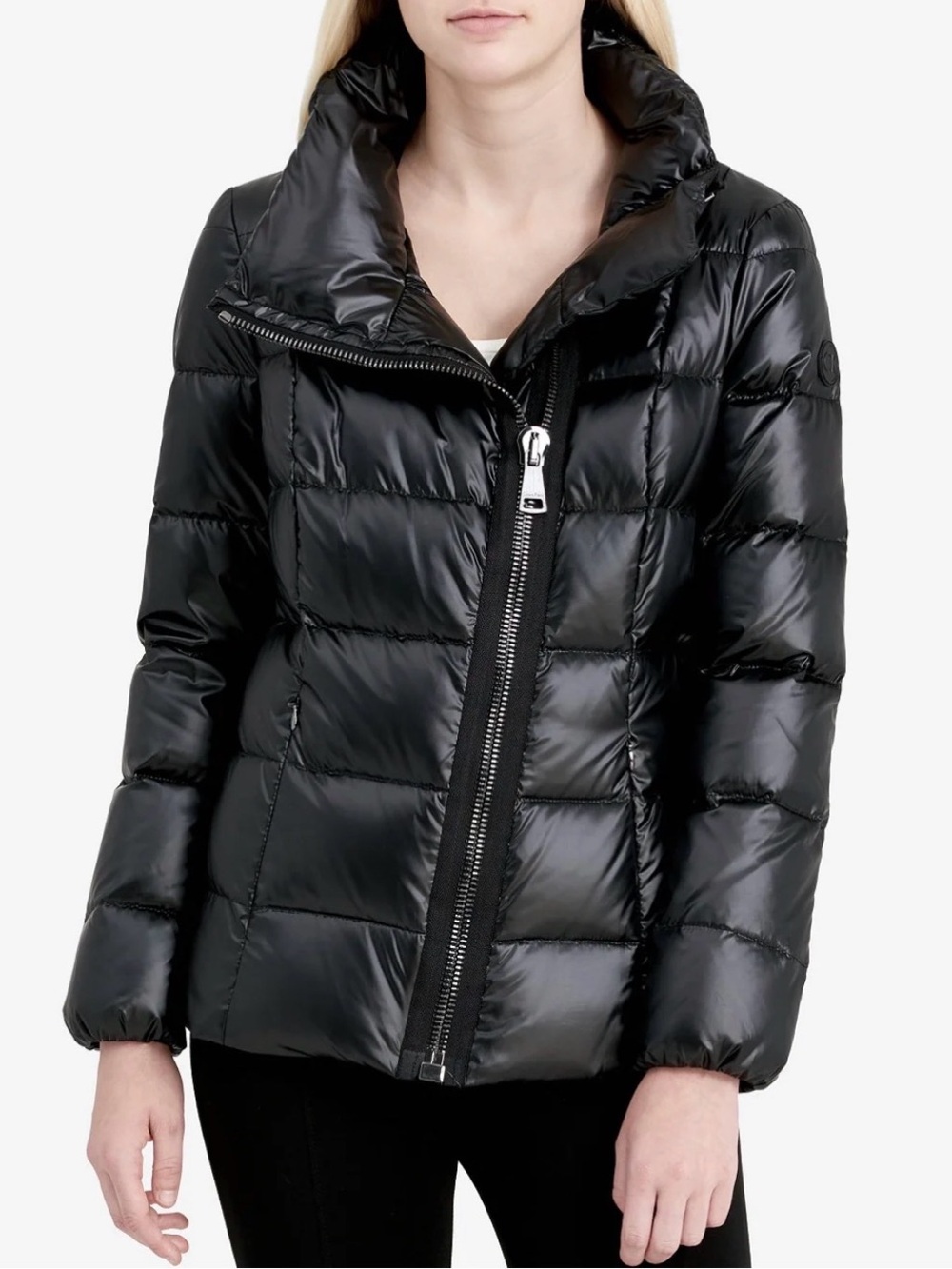 Calvin Klein Asymmetrical-Zipper Black Puffer Coat